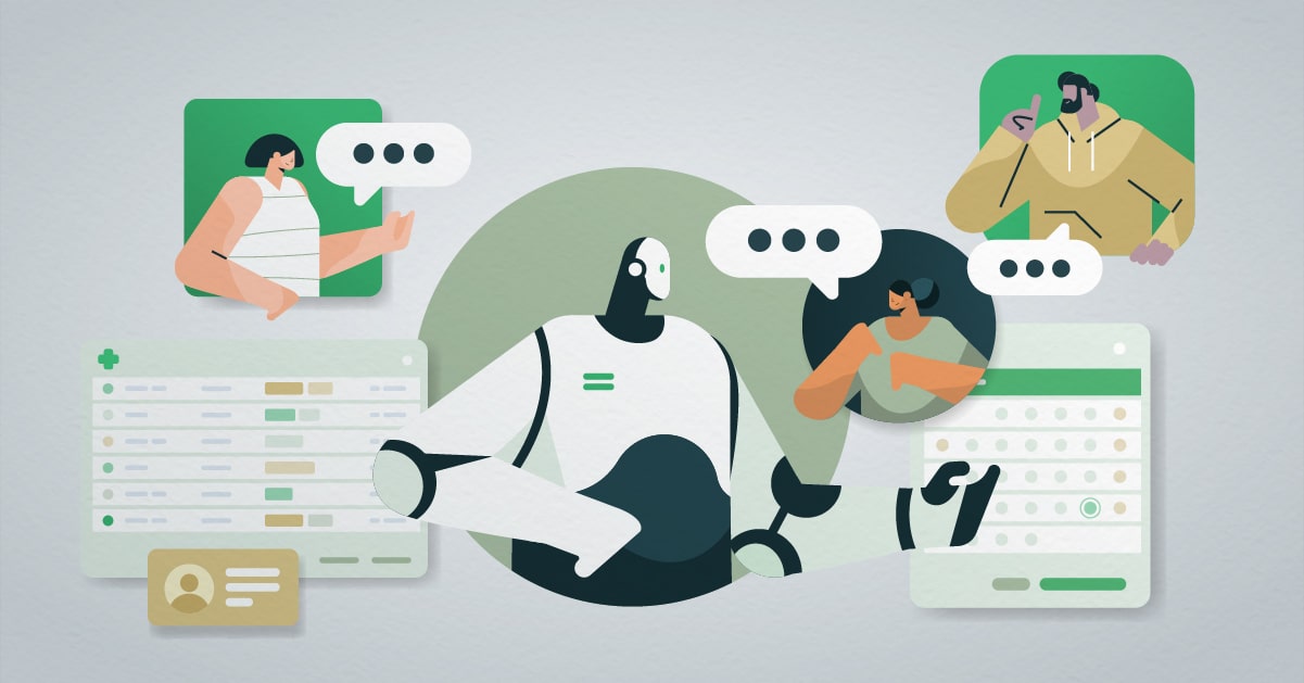 An animated depiction of patients messaging with a robot with chat bubbles.